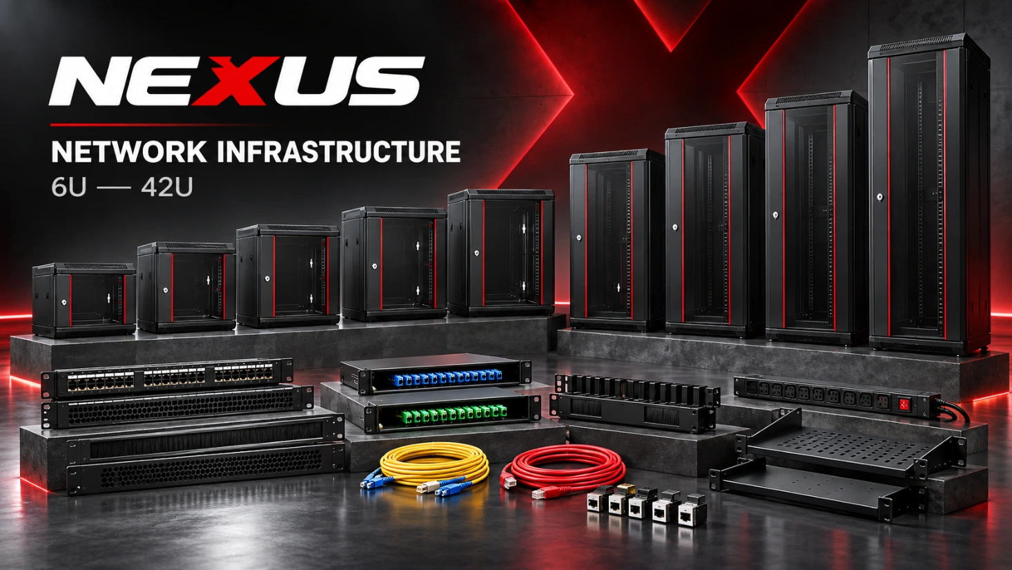 Nexus network cabinets in all sizes from 6U to 42U, patch panels, airflow panels, fiber ODF and keystone accessories